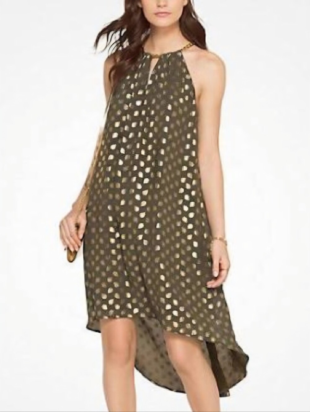 Michael Kors Halter Chain Olive Green Metallic Gold Paisley High Low Swing Dress